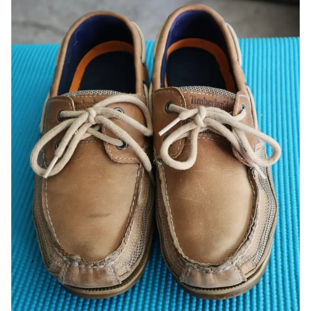 Vintage Timberland Tan Leather Boat Loafers Shoes 2 Eye Slip on Mens 8 Casual